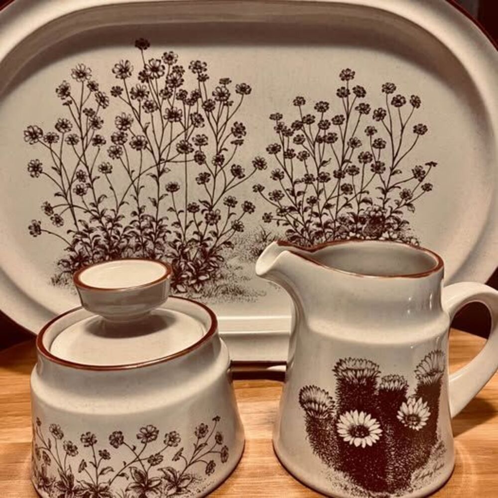 Vintage Noritake Stoneware Desert Flowers Set 14" Platter, Sugar, Creamer MINT